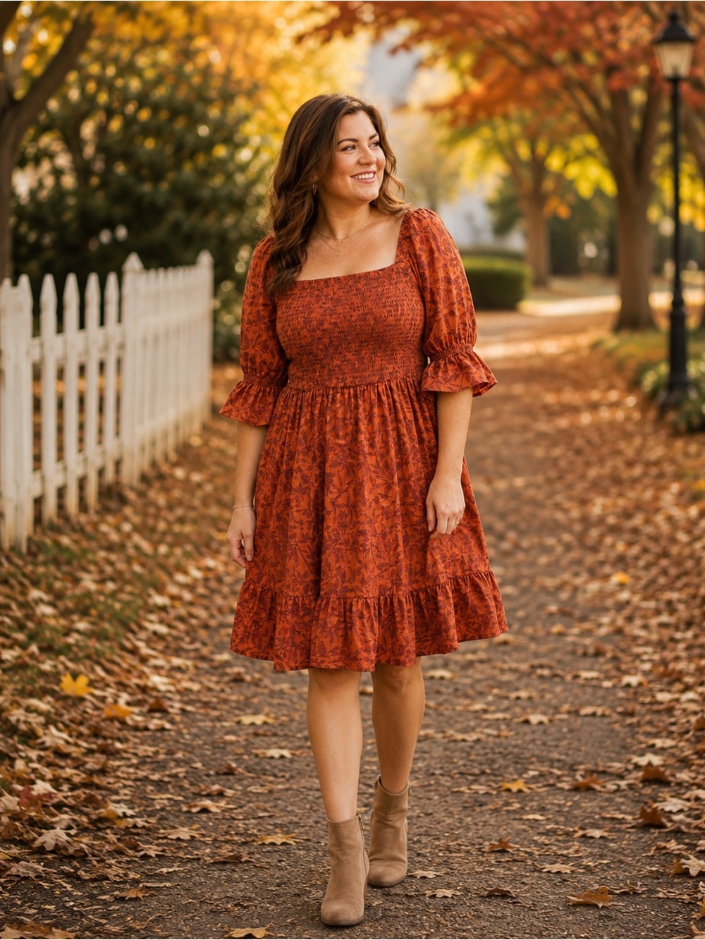Eloquii Elements Size 16 Smocked Dress Puff Sleeve Square Neck Rust Fall Color